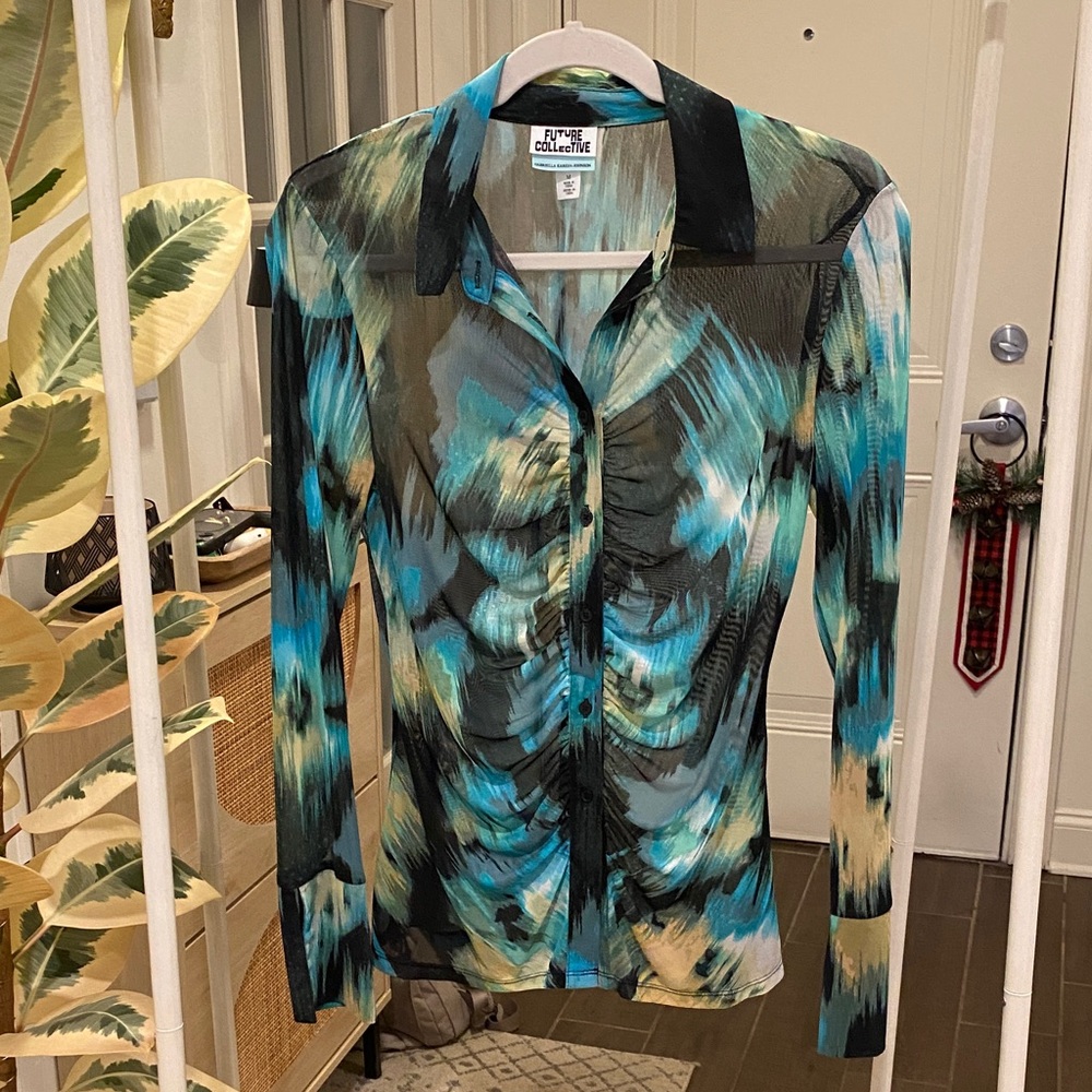 Colorful Sheer Long Sleeve Button Down Fashion Top